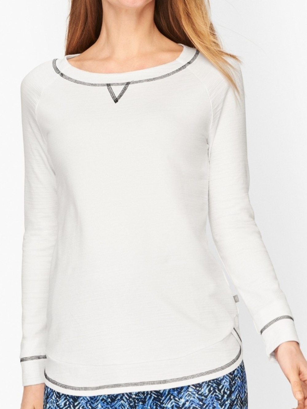 New T By Talbots UPF 50+ Slub Terry Sweatshirt White Navy Scoop Hem Sz XL